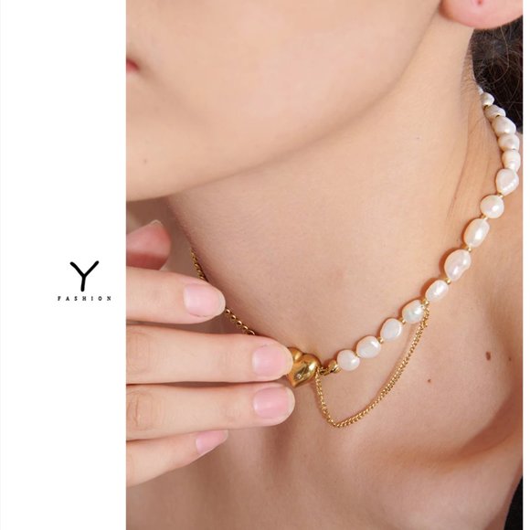 New 18K Gold Natural Pearl Heart Chain Necklace - Picture 10 of 16